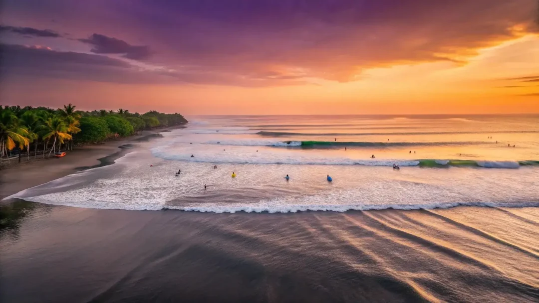 Sunset view over surfers in Canggu, Bali, highlighting the vibrant beach scene and creative activities travelers can enjoy in Seminyak or Canggu.