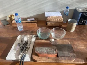 Tools and silver crafting materials prepared for jewelry workshop at Bingin Silver Class – part of family friendly activities in Uluwatu.