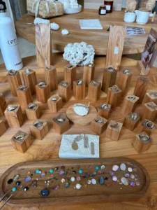 Display of silver jewelry Seminyak with gemstone designs in Bali