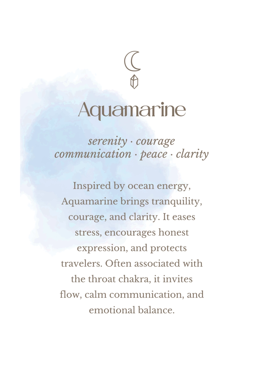 Aquamarine gemstone meaning card showing serenity, communication, peace and clarity – Bingin Silver Class