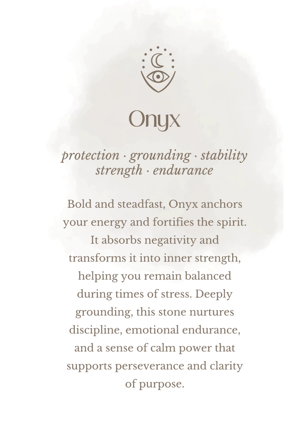 Onyx gemstone meaning card showing protection, grounding, strength and emotional stability – Bingin Silver Class