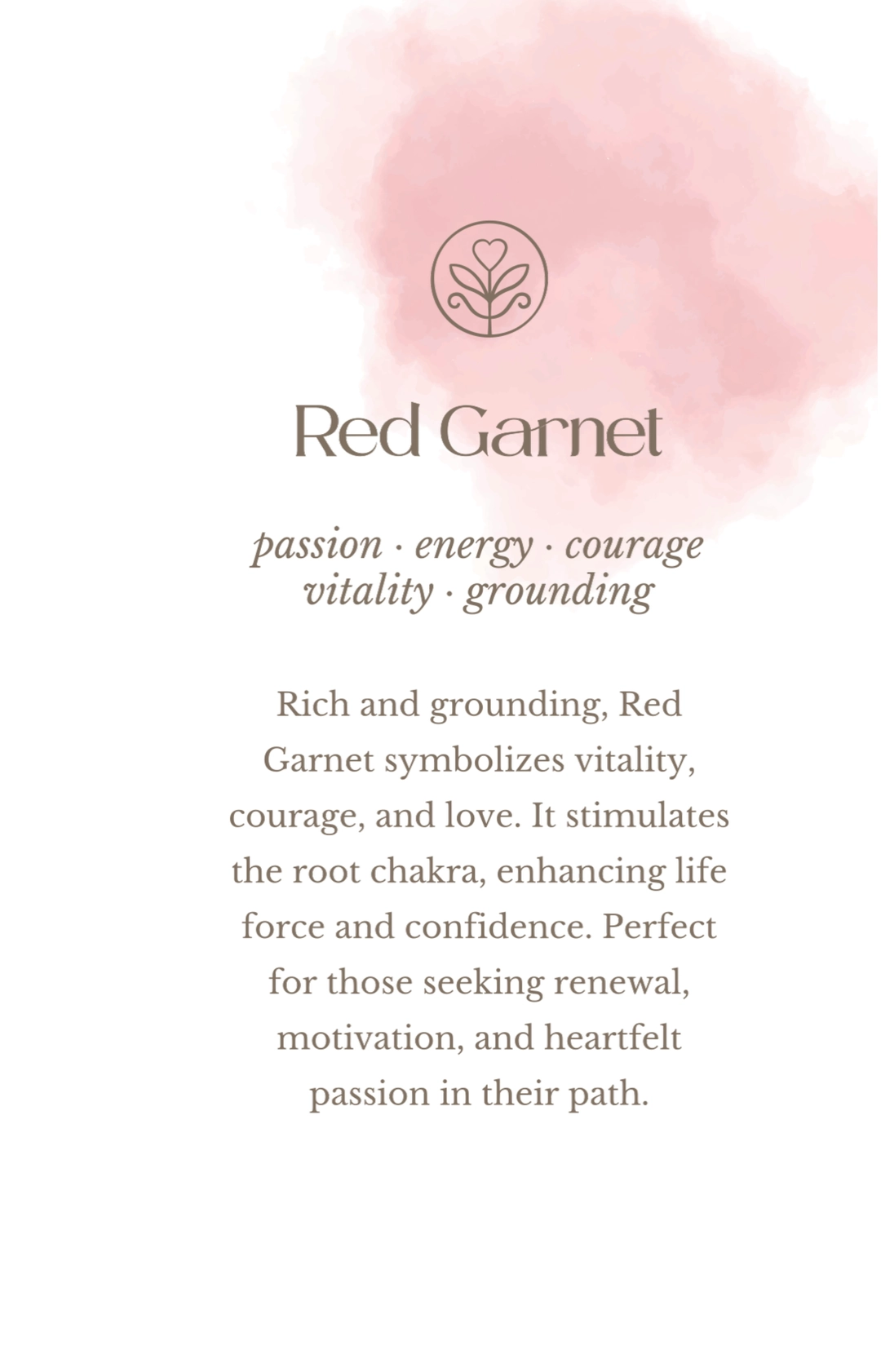 Red Garnet gemstone meaning card showing passion, energy, courage and grounding – Bingin Silver Class