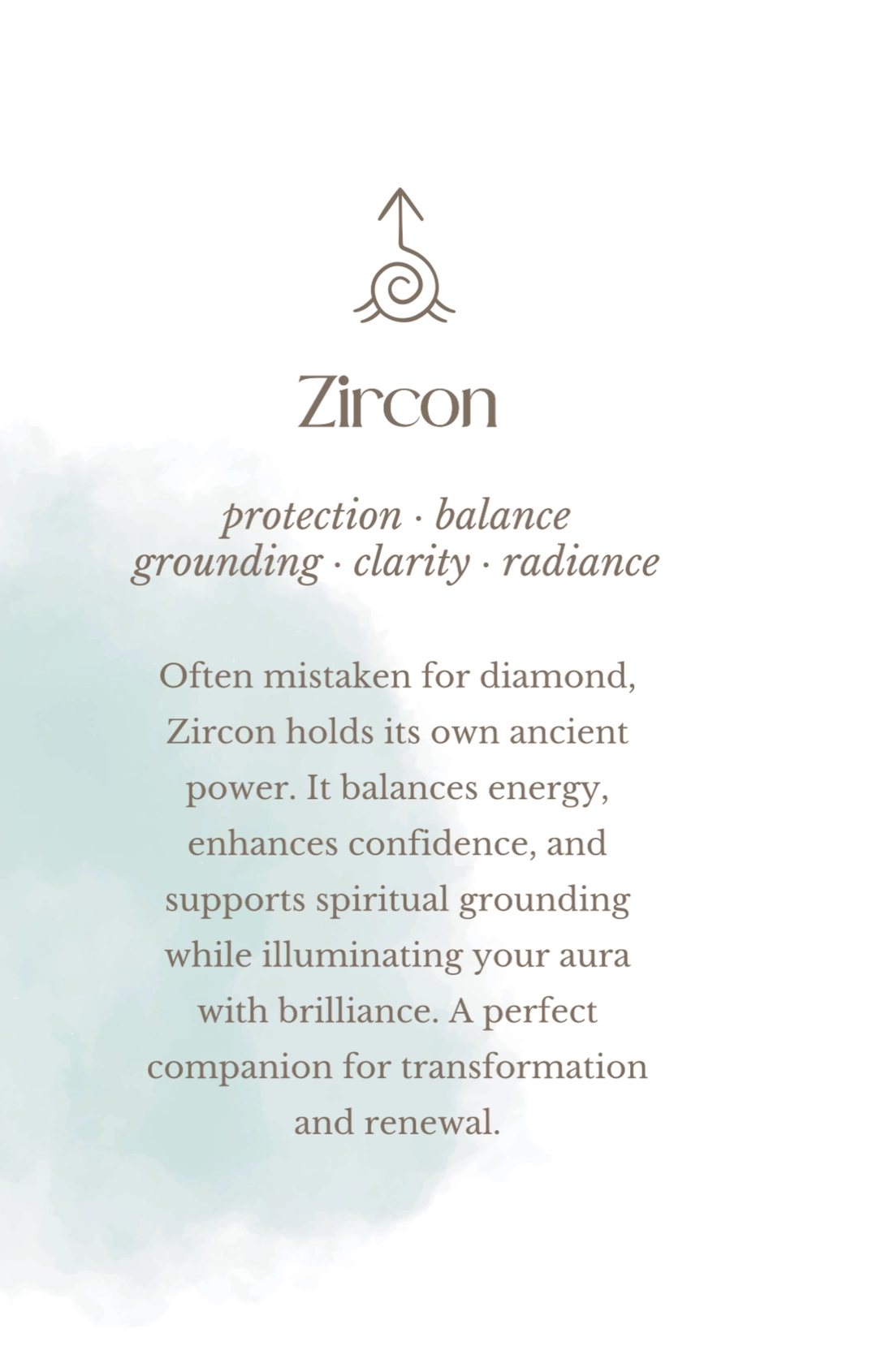 Zircon gemstone meaning card showing protection, balance, grounding and clarity – Bingin Silver Class