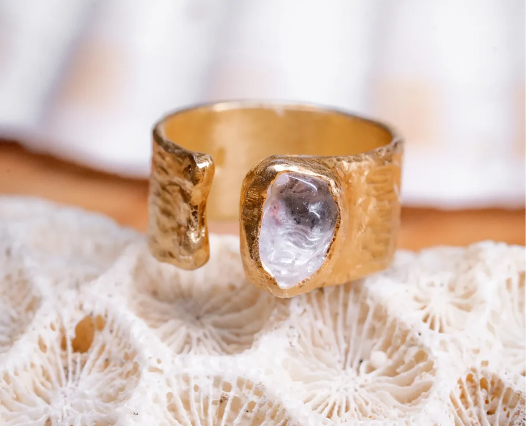 Gold plated handmade silver ring created during a jewelry workshop at Bingin Silver Class, Bali