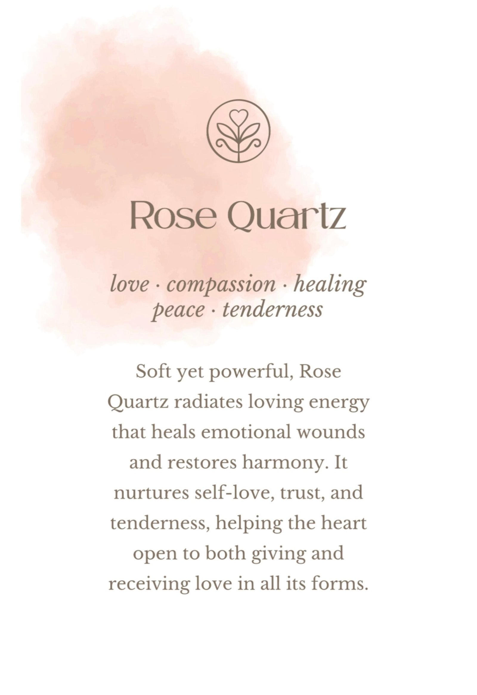 Rose Quartz gemstone meaning card showing love, compassion, healing and emotional balance – Bingin Silver Class